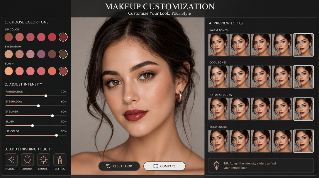 Makeup customization visualization showing adjustable color tones and makeup intensity options applied to beauty portrai