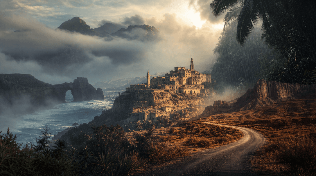A wide atmospheric destination collage formed from sea mist, sunlit stone, desert road, and tropical rain blending natur