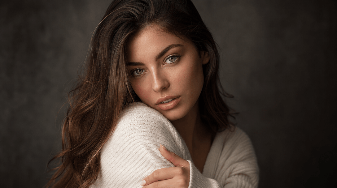 Professional portrait photography composition with person perfectly positioned in frame, dramatic studio lighting creati
