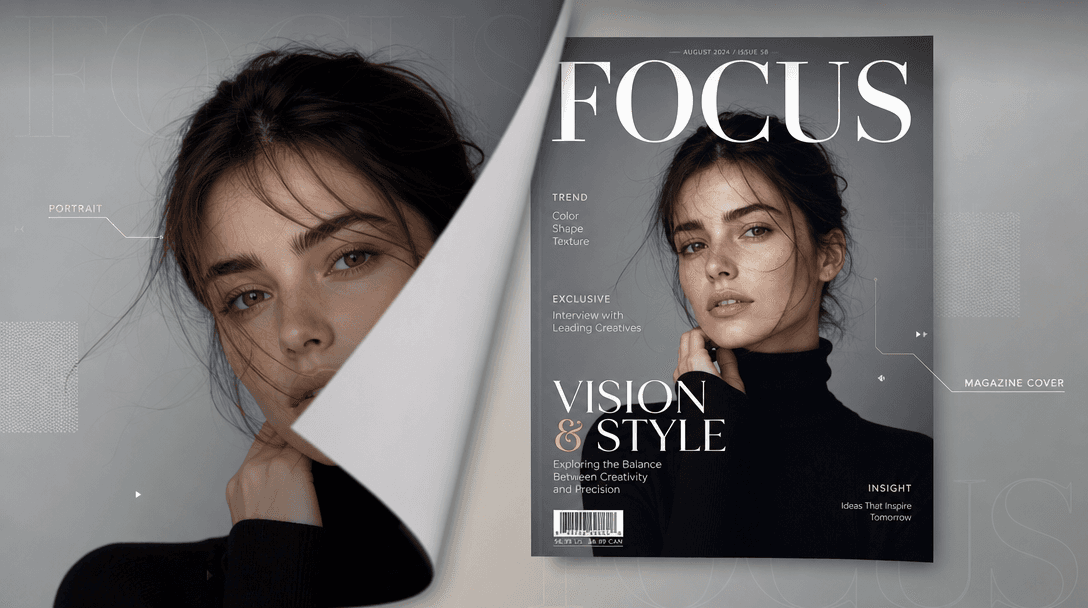 Smooth animation transition from portrait to magazine cover reveal, dynamic motion graphics, professional video effect,