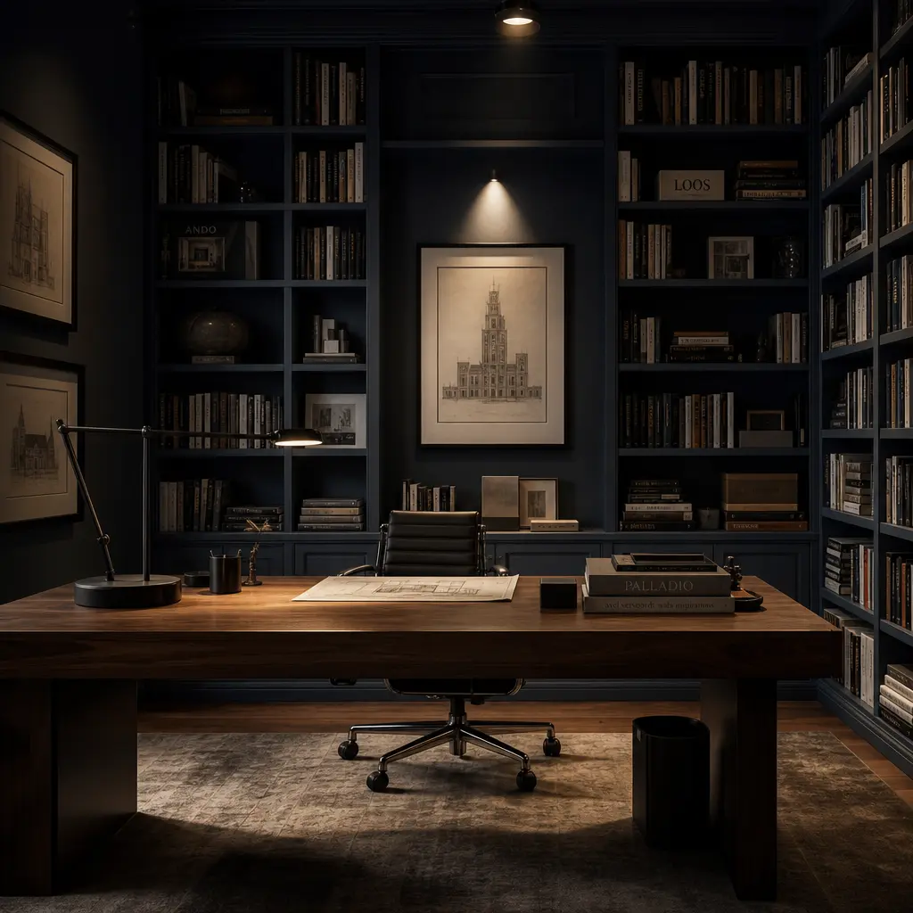 A moody home office interior — dark navy walls lined with floor-to-ceiling architectural bookshelves, a clean walnut des