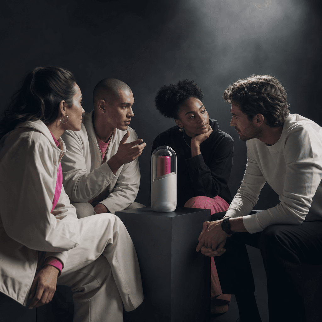 A stylish group of friends discussing a modern wellness product placed prominently on a matte pedestal between them. Moo