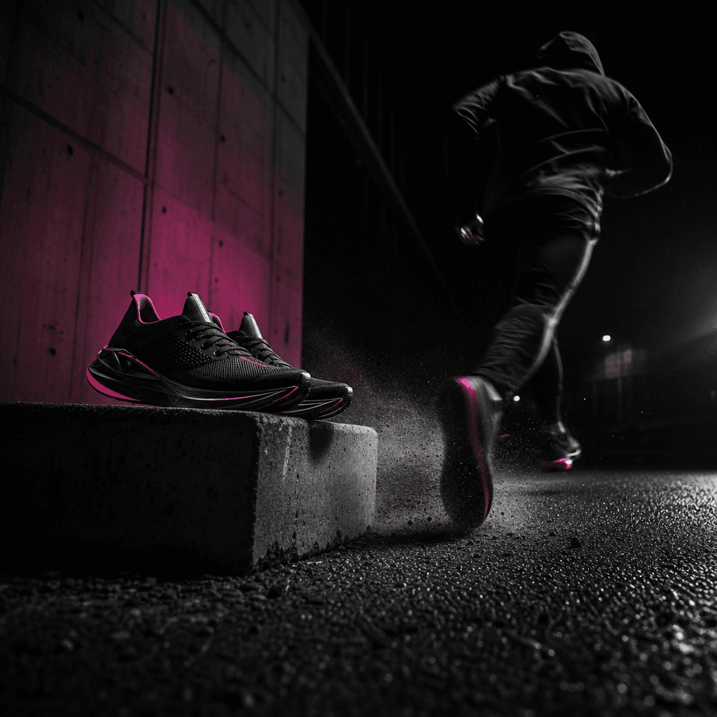 A sleek pair of limited-edition sneakers on a low concrete block as an anonymous runner sweeps them away mid-stride. Cin