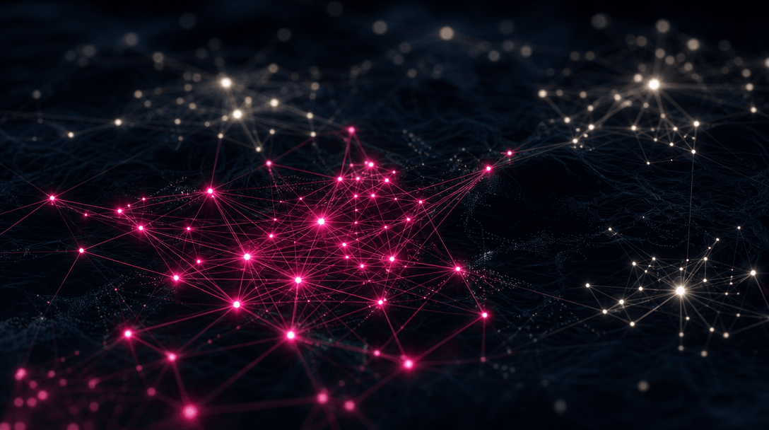 Abstract representation of a multi-model AI platform: a near-black surface with clusters of luminous nodes interconnecte