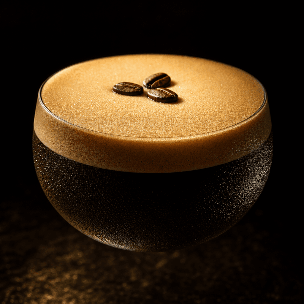 Square editorial close-up of a perfectly crafted espresso martini in a stemless coupe glass, deep dark background, soft