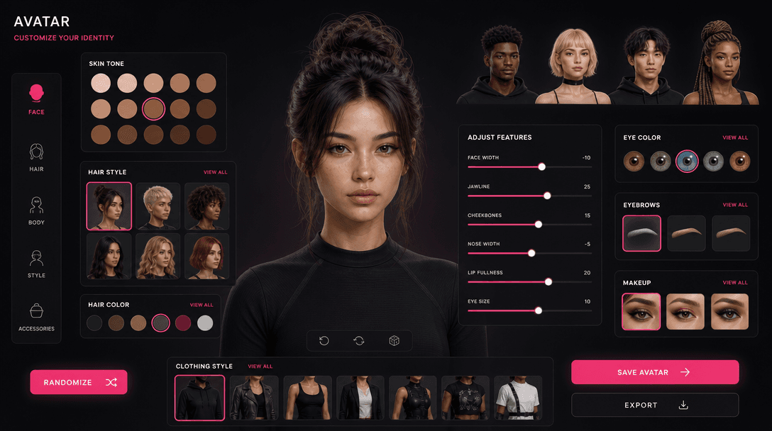 Diverse avatar customization components floating in clean space, various skin tones hairstyles and styles, customizable