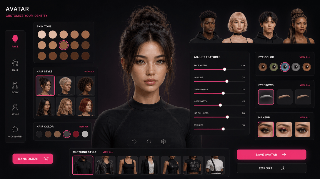 Diverse avatar customization components floating in clean space, various skin tones hairstyles and styles, customizable