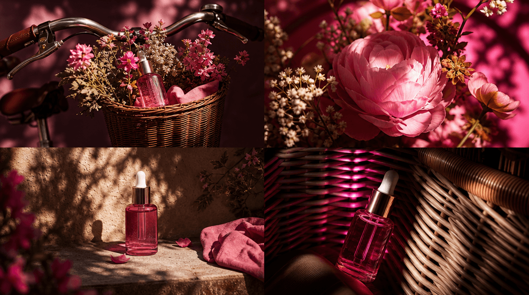 Four coordinated product scenes arranged as a clean editorial contact sheet without borders or interface elements: a ser