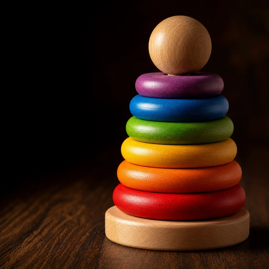 Colorful stacked wooden baby toy rings photographed on a dark walnut surface with dramatic side lighting that highlights