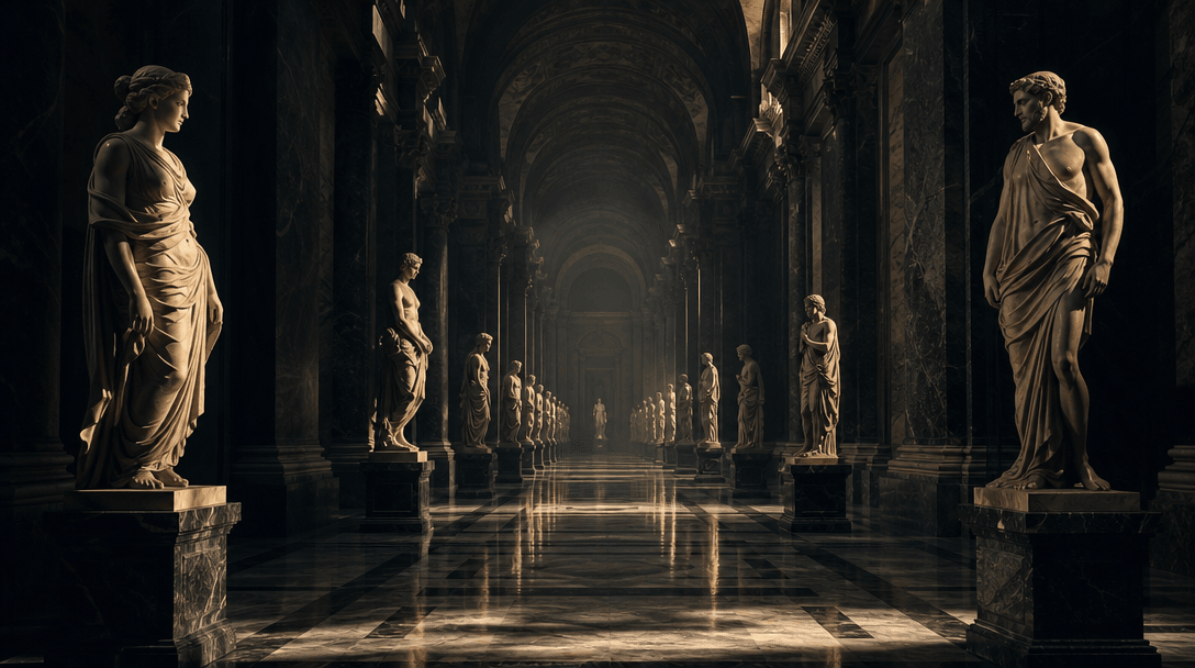 Rows of marble statues extending through a monumental gallery with strong foreground, middle-ground, and background sepa