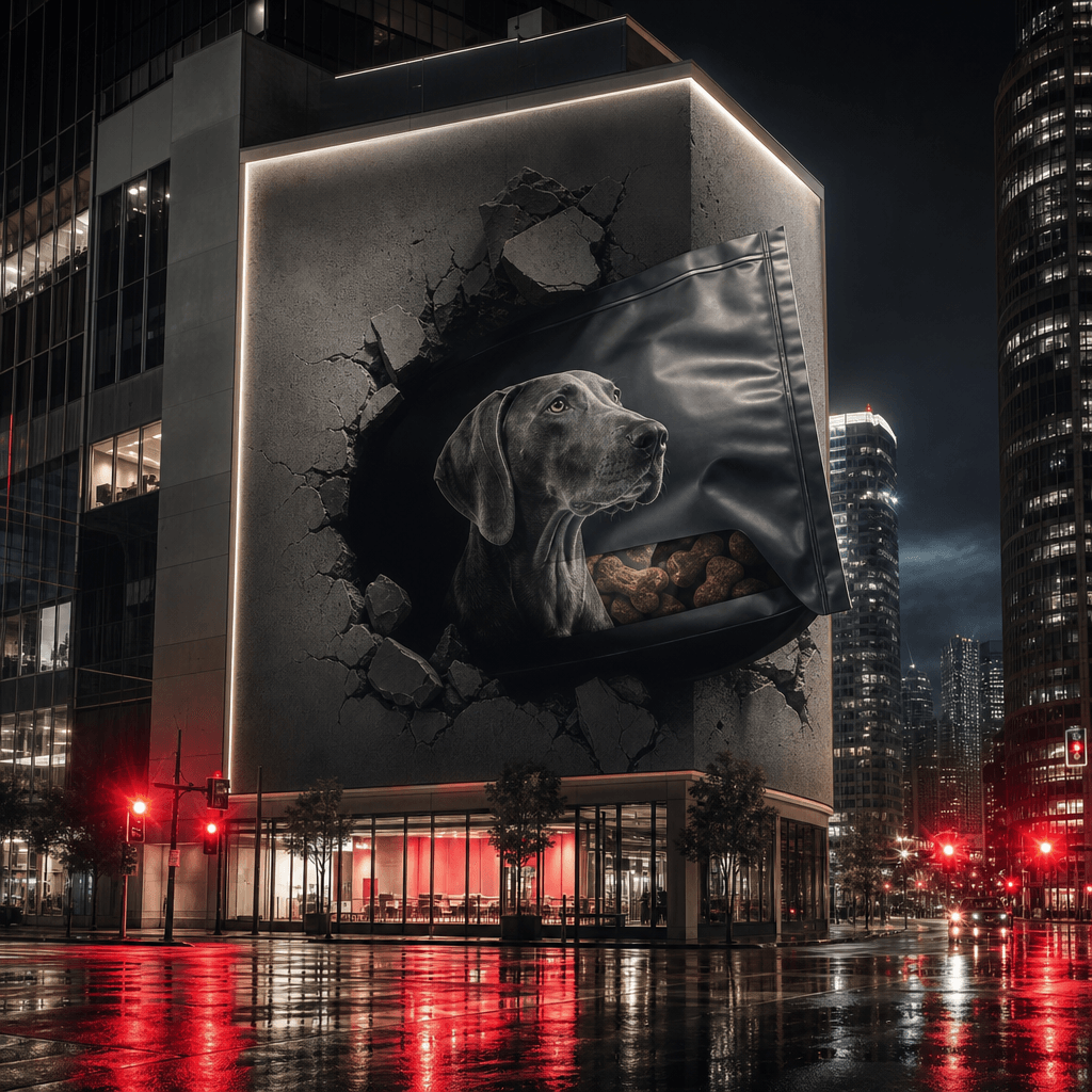 A sculptural bag of premium pet treats appearing to push beyond a giant corner billboard, nighttime metropolis, red traf