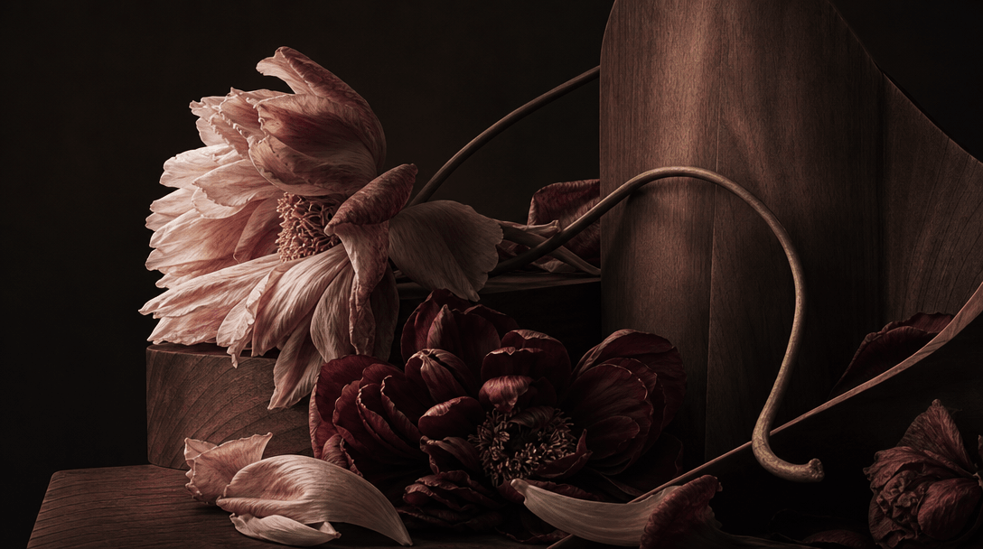 An abstract editorial study of layered flower petals, curved stems, and warm wood planes forming a balanced still-life c