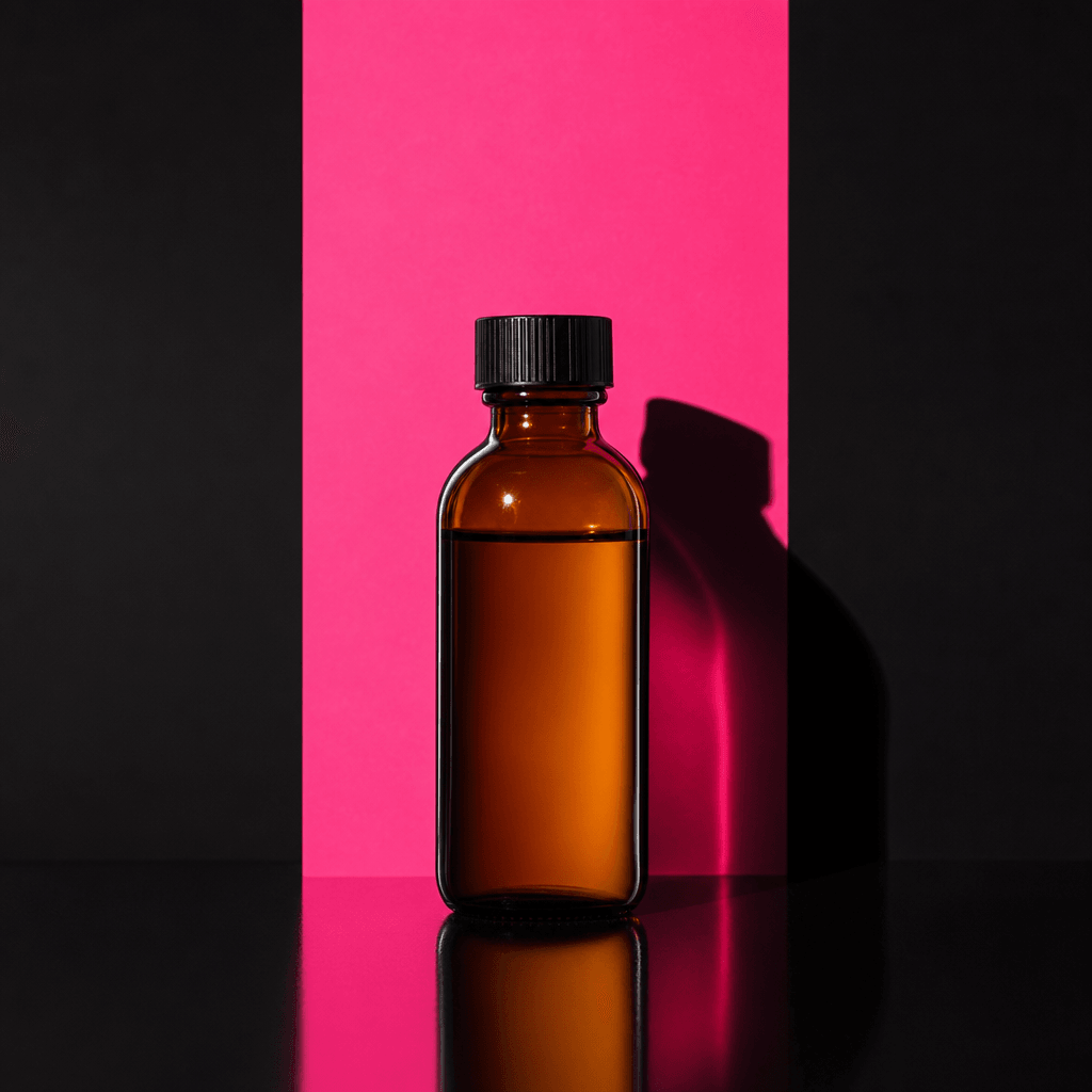 Ecommerce product brand still: premium amber glass bottle centered on a dark reflective surface, hot pink brand color st