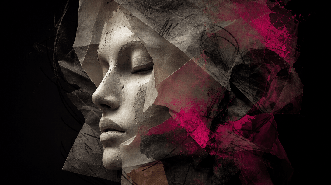 A single abstract face sculpture passing through layers of translucent paper, charcoal lines, and colored pigment while
