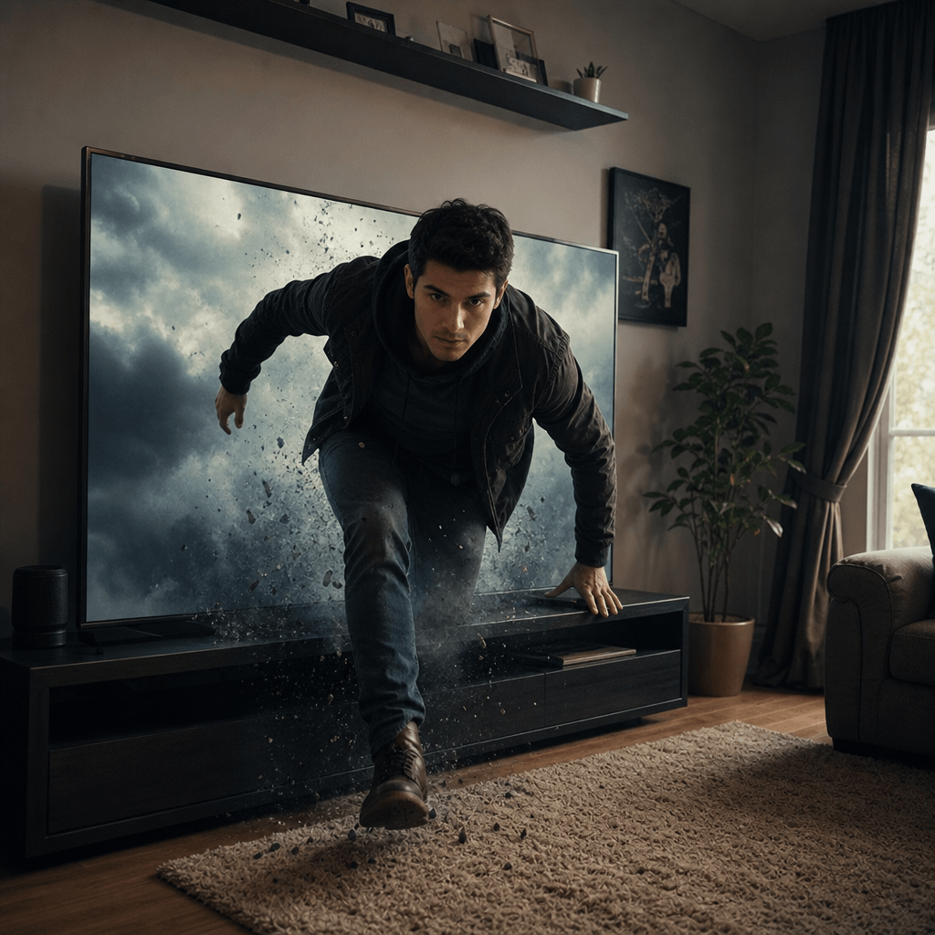Wide angle of person stepping from screen in room setting, realistic depth perception, lighting interaction, polished pr