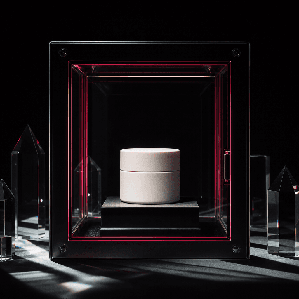 A minimalist moisturizer jar displayed behind thick protective glass, bold emergency-box framing, dark editorial set, of
