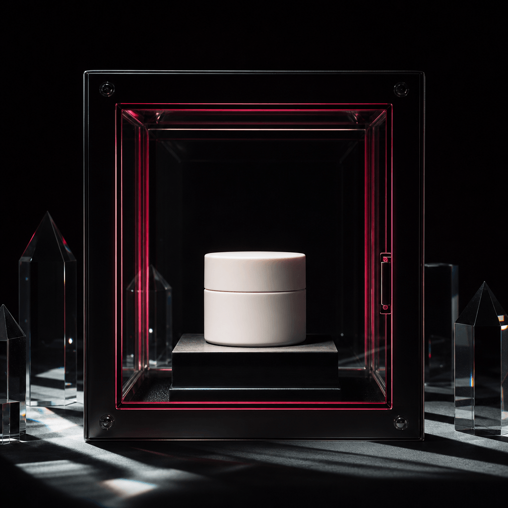 A minimalist moisturizer jar displayed behind thick protective glass, bold emergency-box framing, dark editorial set, of