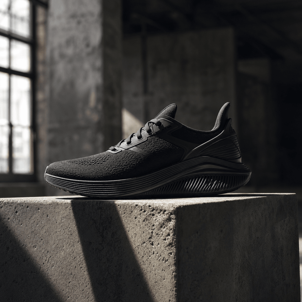 A sleek athletic running shoe elevated on a low raw concrete plinth, dramatic directional side lighting casting a hard s