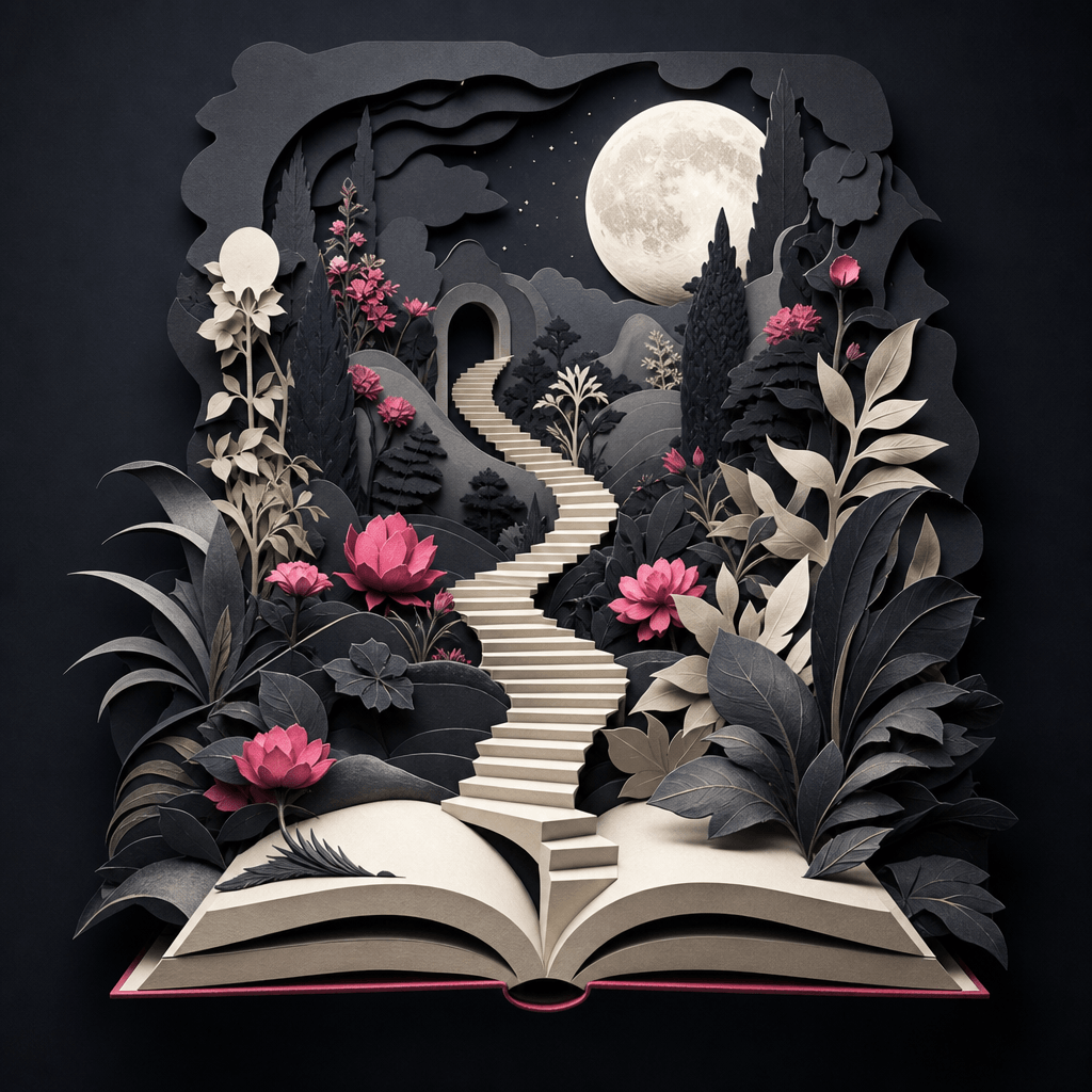 A surreal paper-cut illustration of a winding staircase emerging from an open book and ascending into a moonlit botanica