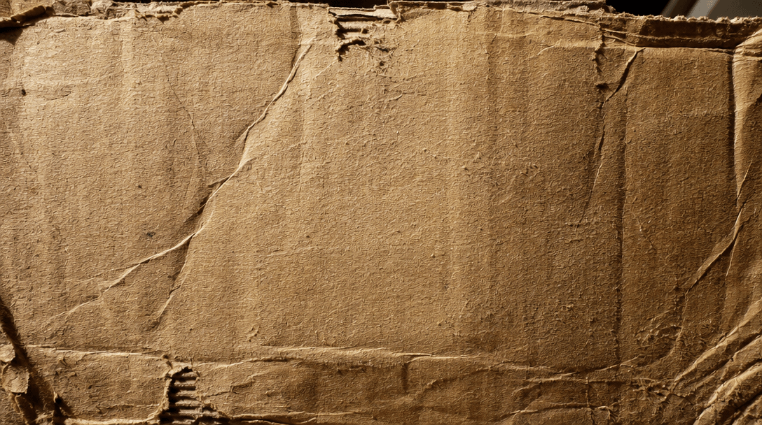 Close-up texture shot of cardboard sign, visible fiber detail, creases and aging, weathered tan-brown color, dramatic di