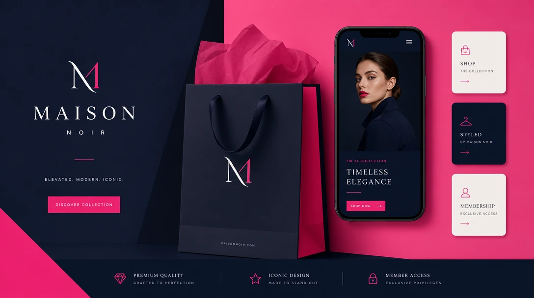 Minimal studio background with brand aesthetic, clean geometric composition, hot pink and soft white accents with dark n