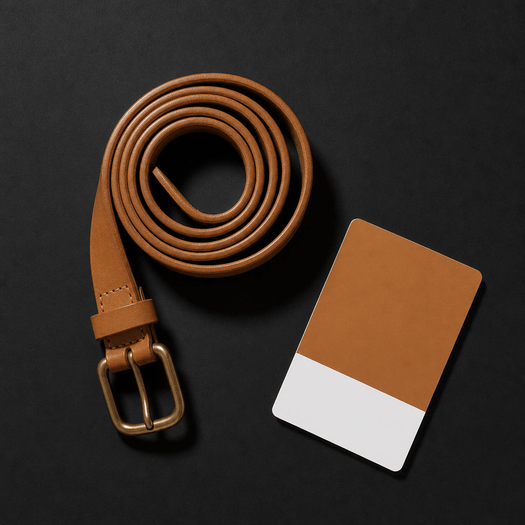 Overhead flat-lay of a caramel tan leather belt coiled neatly on a very dark matte surface. A Pantone color swatch card