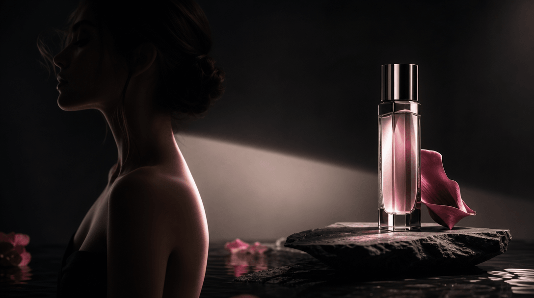 A wide cinematic beauty scene balancing human presence and product focus, abstract model silhouette on one side and a lu