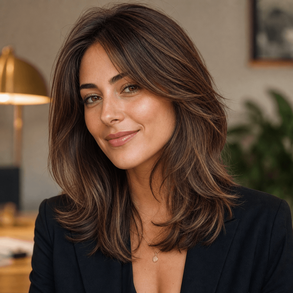 Person with layered medium-length hairstyle, warm professional lighting, hair movement and shine detail, relaxed pose.
