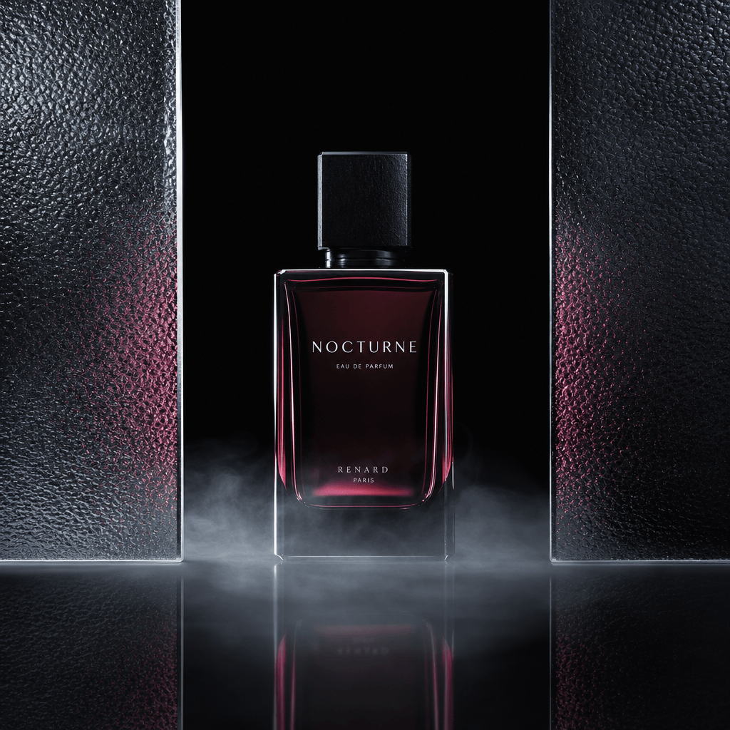 A minimalist perfume bottle emerging from low silver fog between two slabs of frosted glass, sharp rim lighting tracing