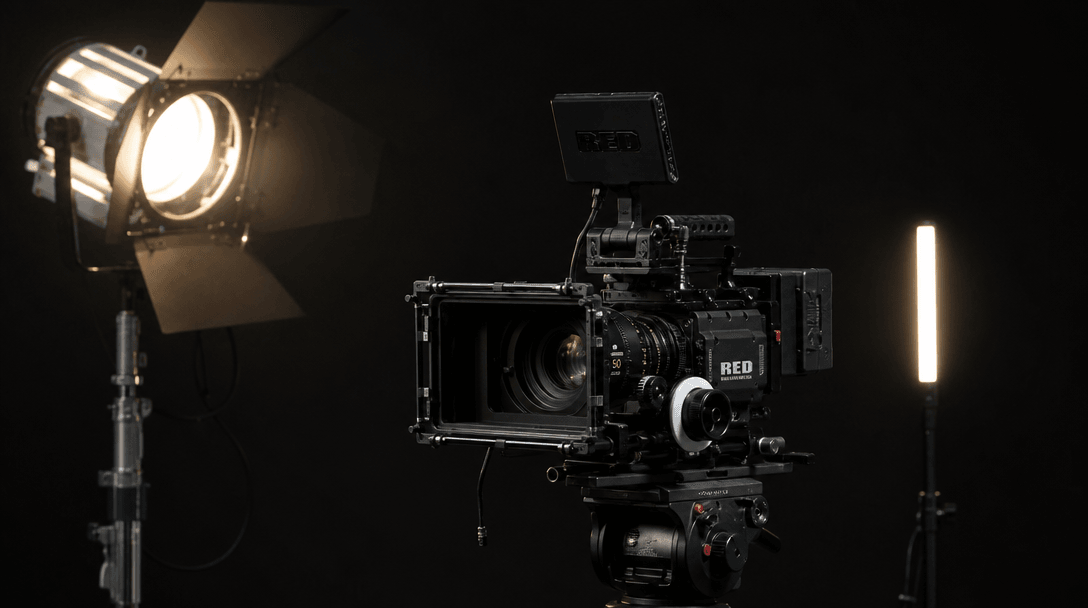 Professional film production setup with dramatic cinematic lighting, sleek modern camera rig, clean minimalist dark stud