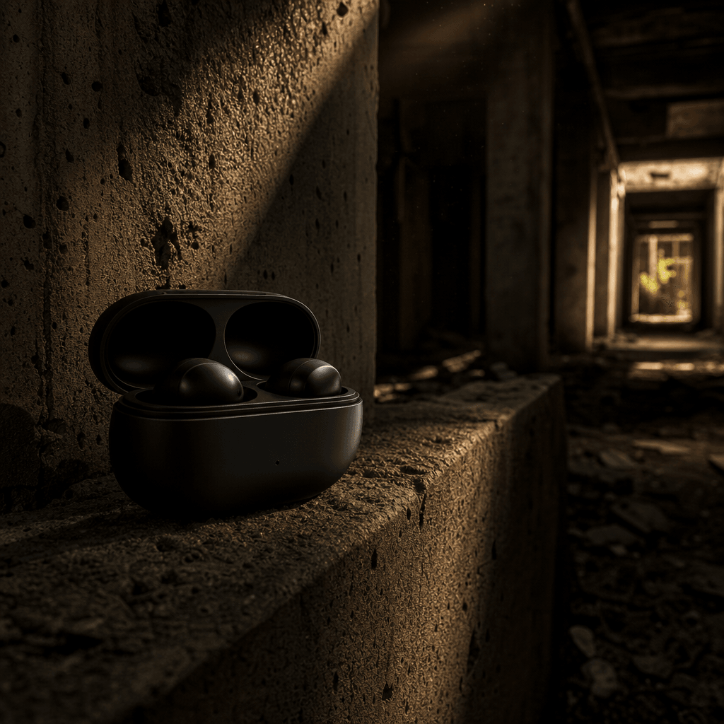 Dark editorial product moment: premium matte black wireless earbuds case resting on a textured brutalist concrete wall i