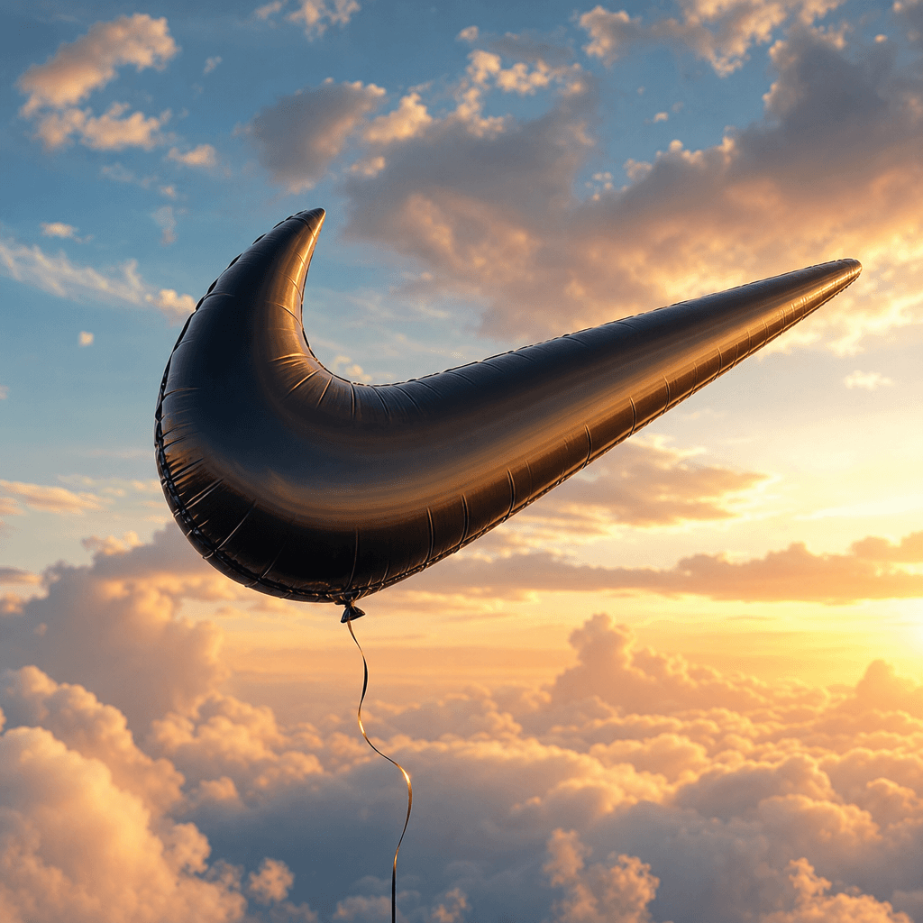 Brand logo transformed into balloon, floating peacefully, cinematic clouds background.