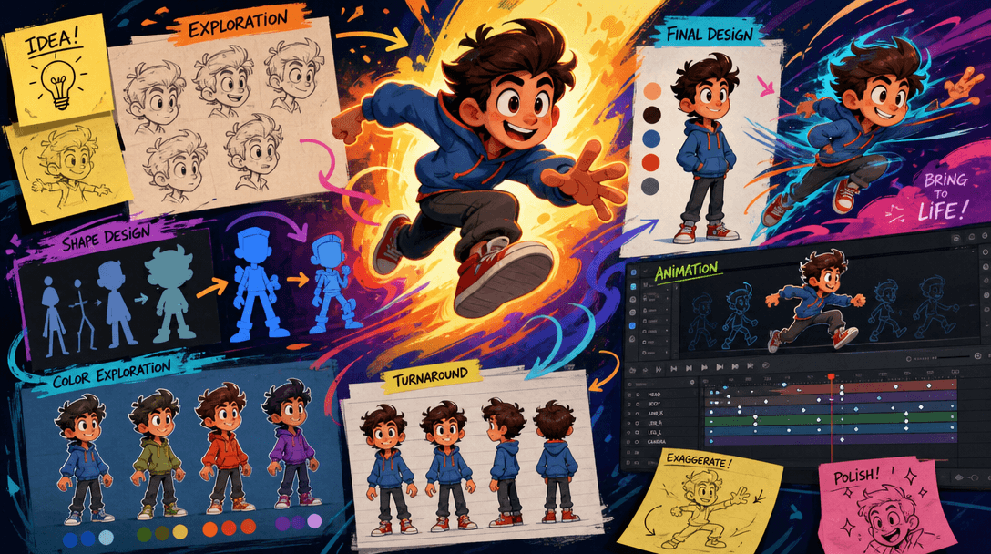 An abstract scene representing animated character creation, featuring vibrant colors and dynamic movements that convey t