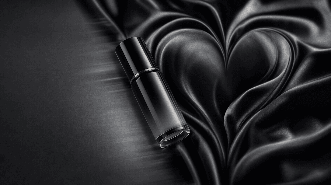 A clean cosmetic packshot visually transitioning into a fully styled silk campaign scene, represented without interface