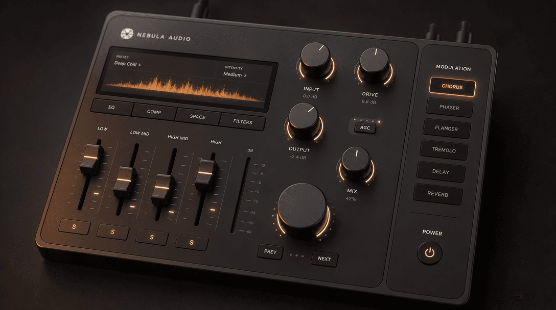 Intuitive control interface with adjustment sliders and knobs bathed in soft warm lighting, dark minimalist background,