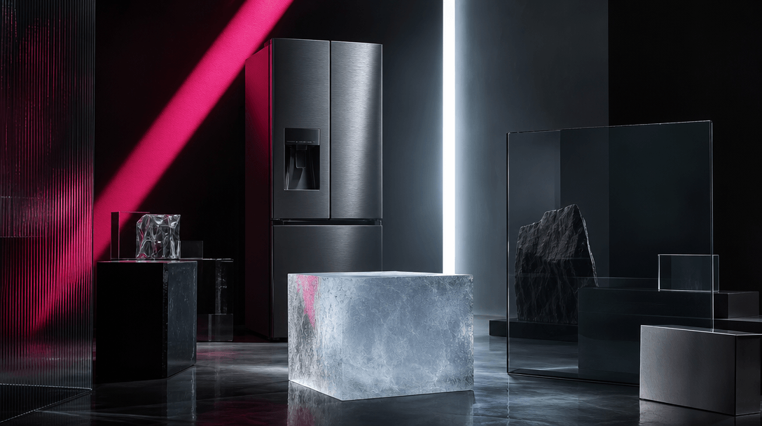 A series of refrigerator materials arranged as an abstract editorial set: smoked glass, brushed steel, translucent ice,