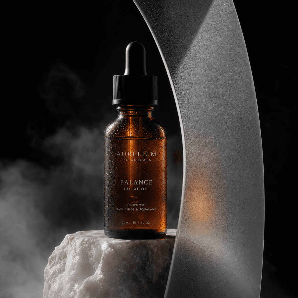 An amber skincare dropper bottle on a pale mineral pedestal, partially veiled by translucent mist and a curved frosted g