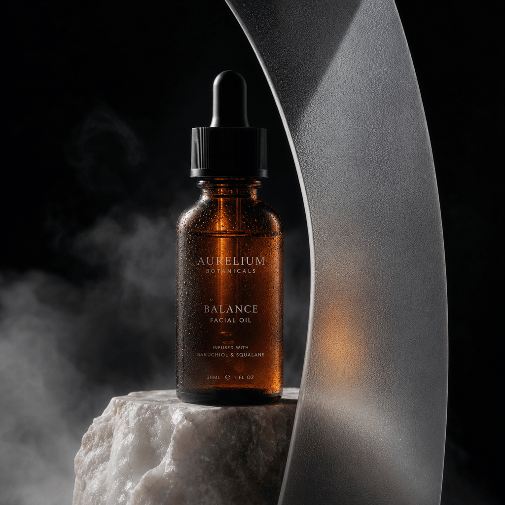 An amber skincare dropper bottle on a pale mineral pedestal, partially veiled by translucent mist and a curved frosted g