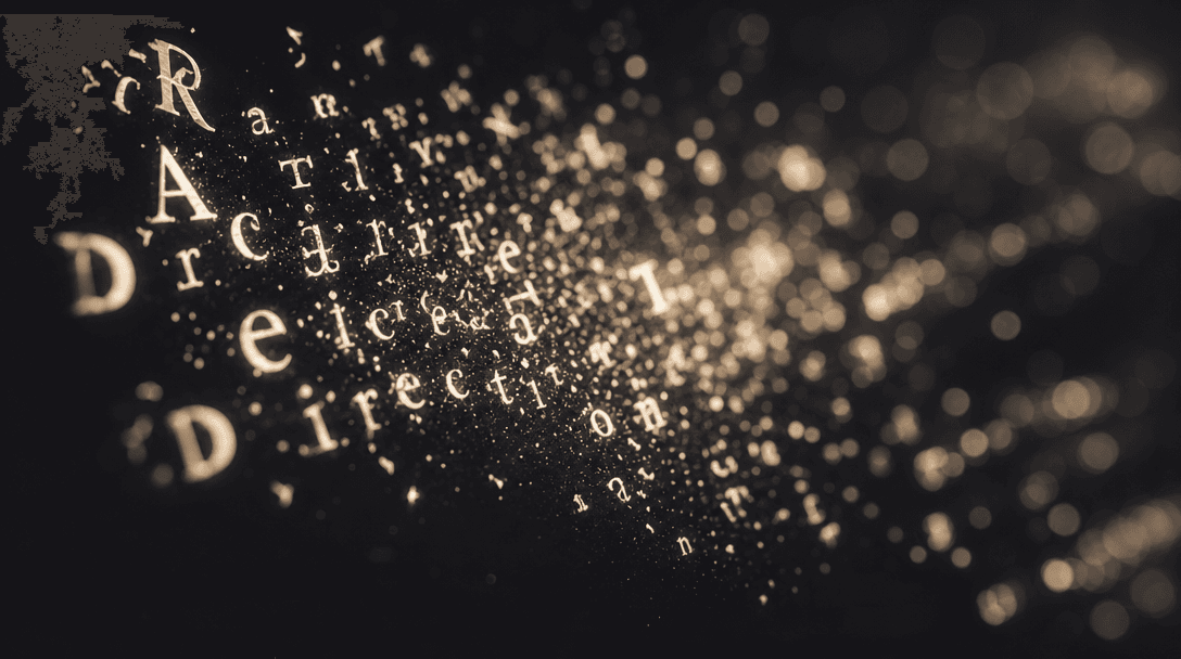 Atmospheric macro shot of glowing off-white text fragments dissolving into cinema bokeh lights — characters representing