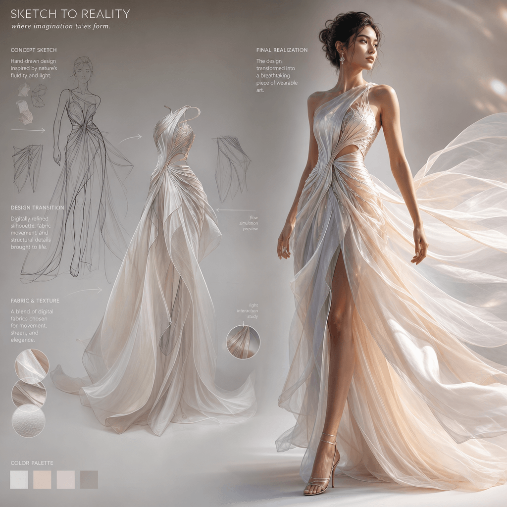 Futuristic AI visualization of a dress design rendered on a model's body. Ethereal digital rendering, flowing fabric, so