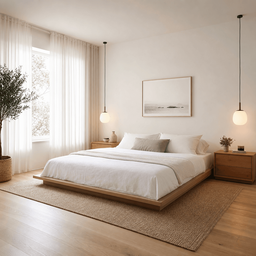 Virtually staged empty bedroom transformed into a Scandinavian-style interior: low platform bed with crisp white linen,