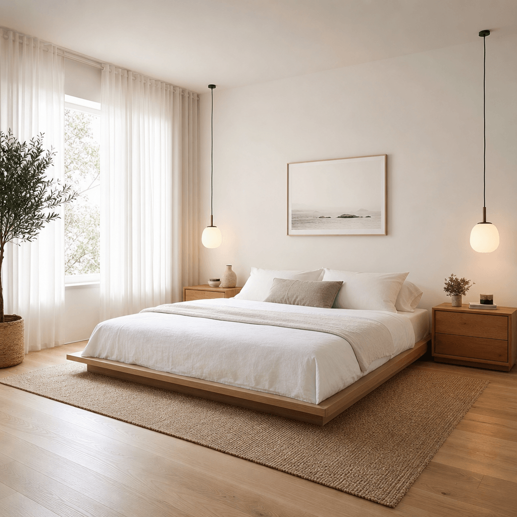 Virtually staged empty bedroom transformed into a Scandinavian-style interior: low platform bed with crisp white linen,