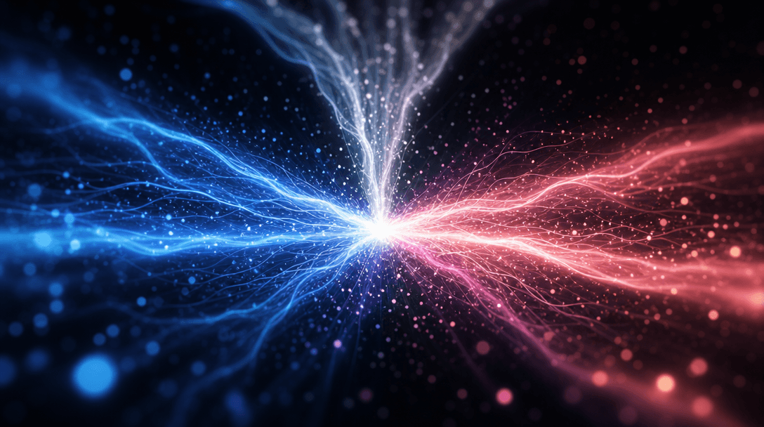 Abstract visualization of multiple luminous energy streams — cool blue, warm pink, soft white — converging toward a sing