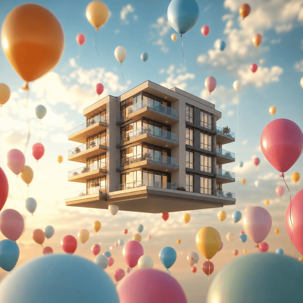 Modern residential building floating surrounded by multicolor party balloons in soft-focus dreamy environment. Warm afte