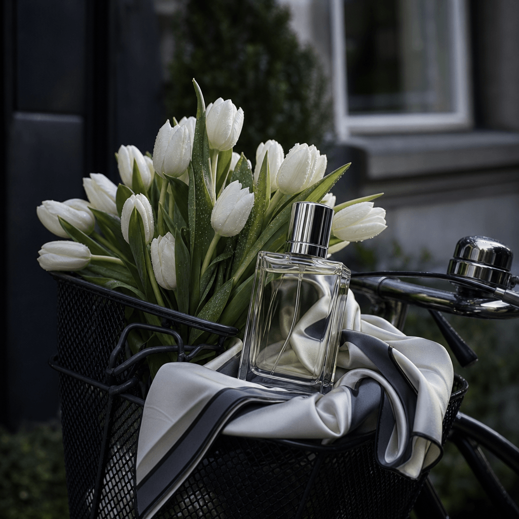 An elegant clear fragrance bottle with a silver cap in a black bicycle basket, surrounded by white tulips and a folded s
