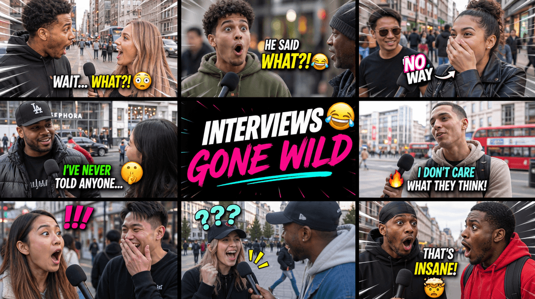 Fast-cut montage of surprising and funny interview moments, reaction expressions, energetic pacing, urban street backgro