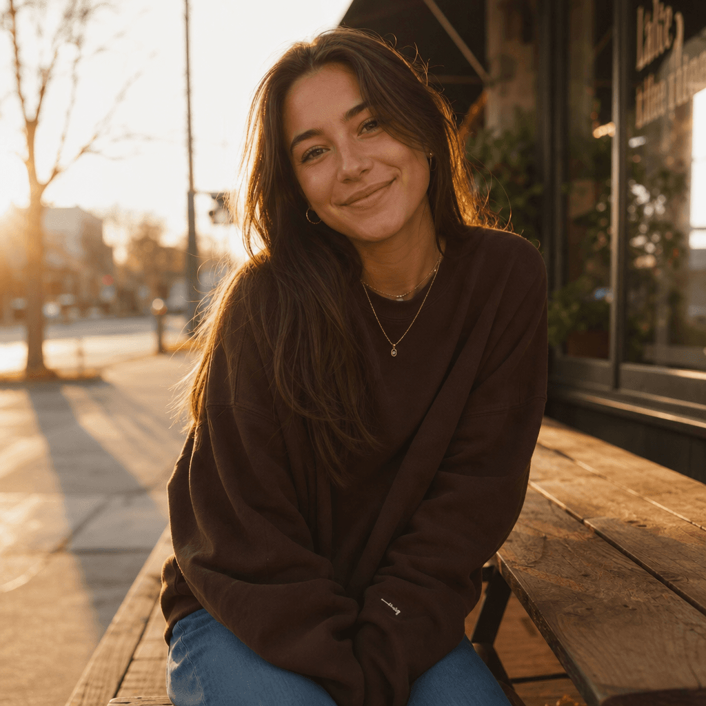 Candid lifestyle portrait: soft window light at golden hour, warm natural tones, casual streetwear, relaxed confident ex