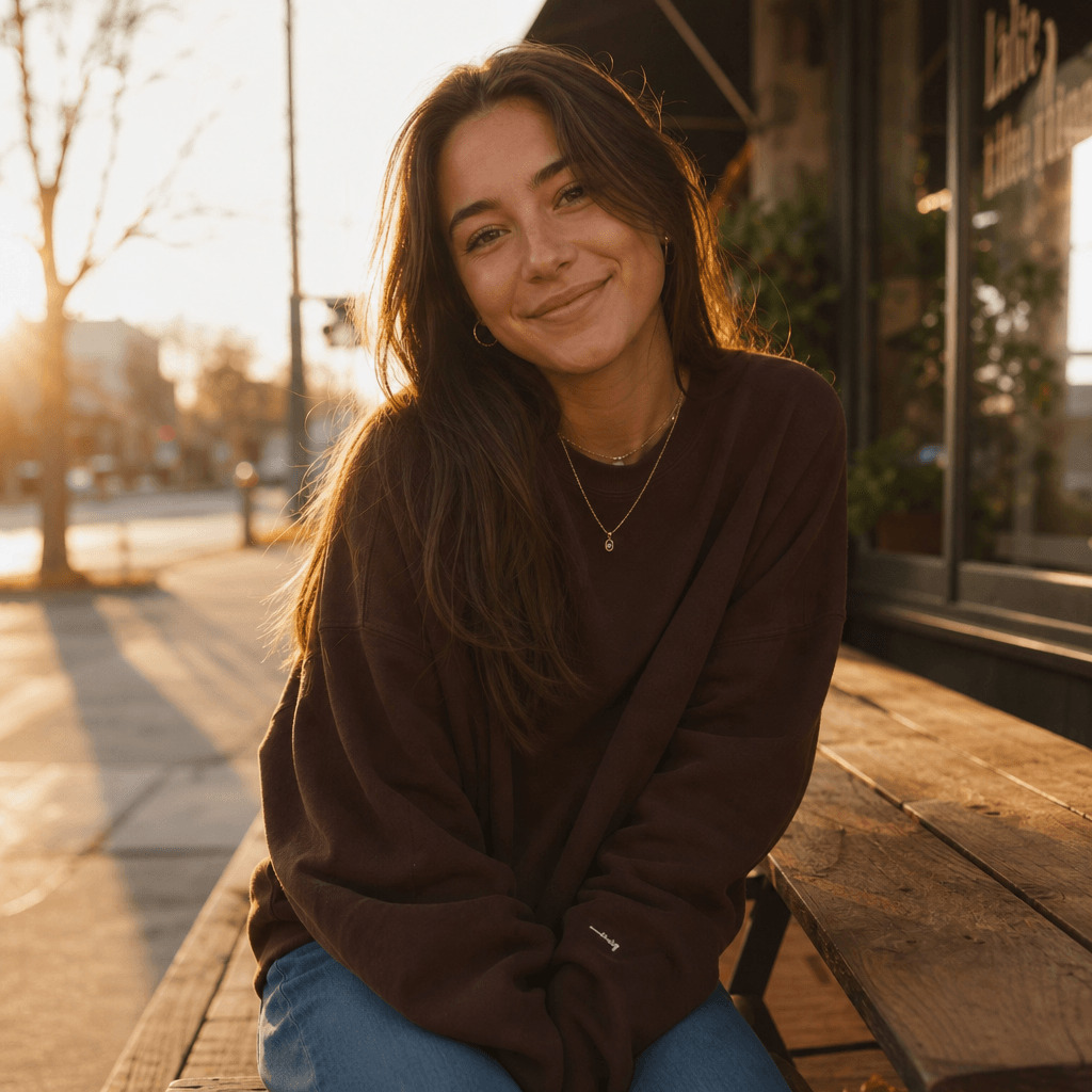 Candid lifestyle portrait: soft window light at golden hour, warm natural tones, casual streetwear, relaxed confident ex