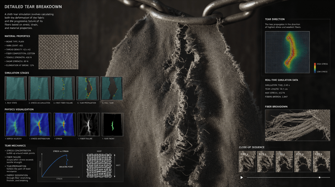 Detailed tear animation physics visualization, realistic ripping effect, cinematic motion, texture detail