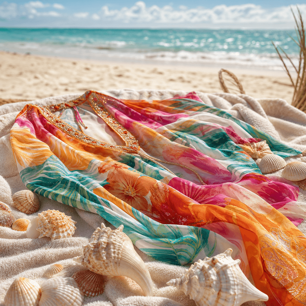 A colorful designer swimsuit or beach cover-up draped elegantly on a cream beach towel with seashells scattered artfully
